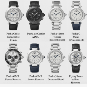image of Pasha Grille Detachable 41mm, Pasha de Cartier ADLC 41mm, Pasha 42mm Vintage (Discontinued), Pasha C 35mm (Discontinued), Pasha Seatimer Chronograph, Pasha GMT Power Reserve, Pasha 38mm Diamond Bezel, Pasha Flying Tourbillon Skeleton 
